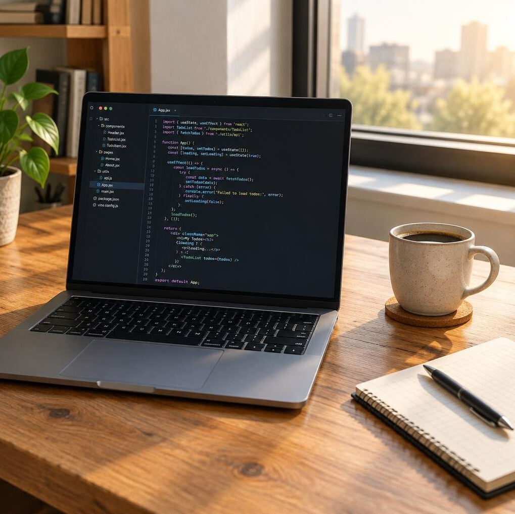 Laptop screen displaying code next to a cup of coffee