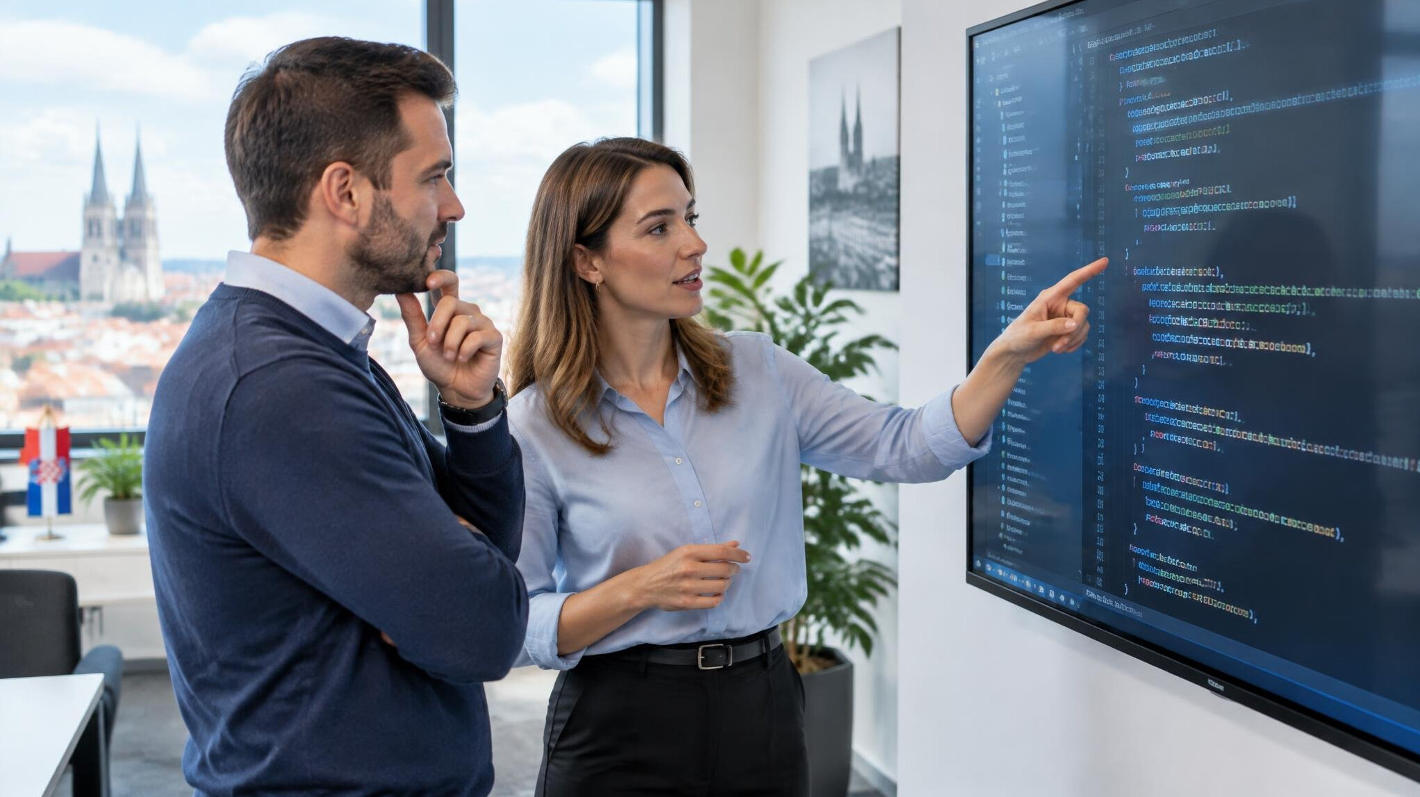 Two colleagues reviewing code together on a large wall-mounted screen in an office