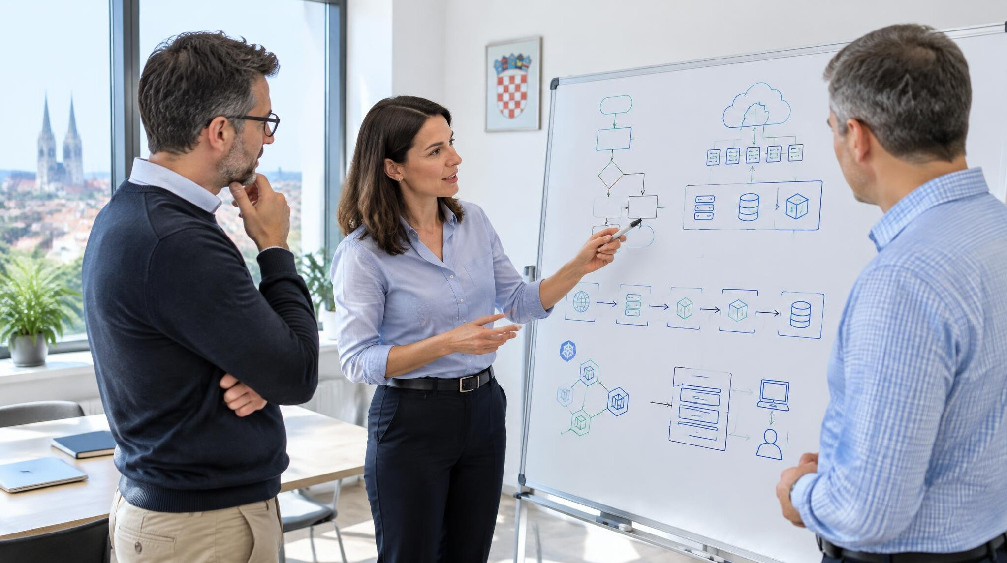 Team meeting around a whiteboard with flowcharts and diagrams