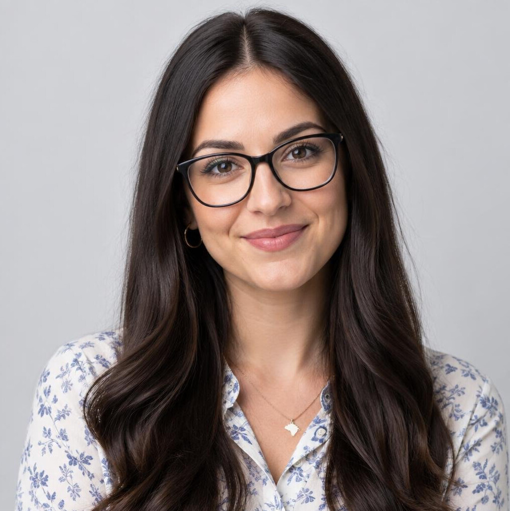 Studio portrait of a young Croatian woman software professional with glasses