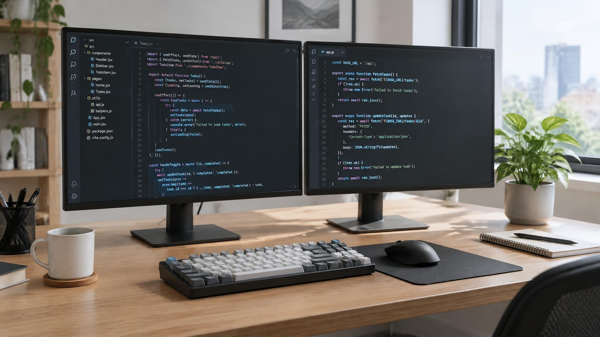 Modern office desk with dual monitors displaying a code editor